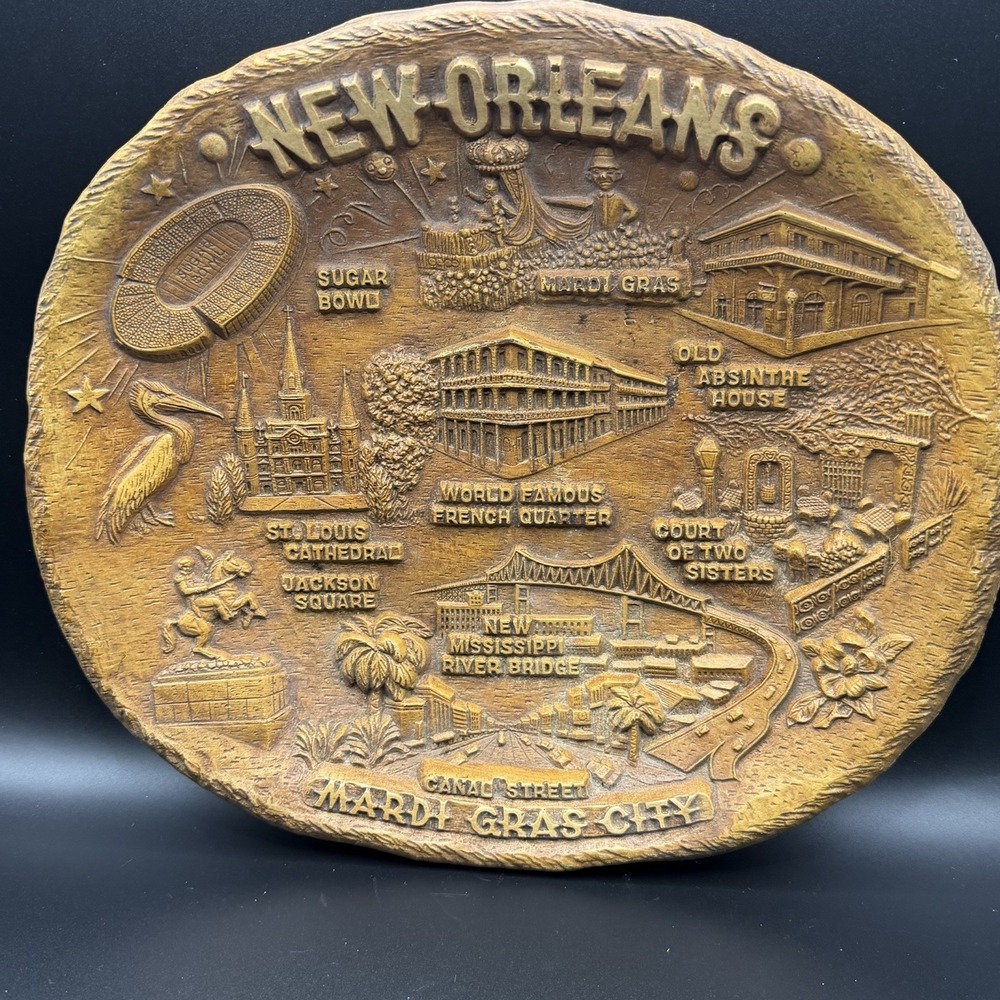 New Orleans Mardis Gras Louisiana Carved Wood Look Resin Souvenir Wall Art USA